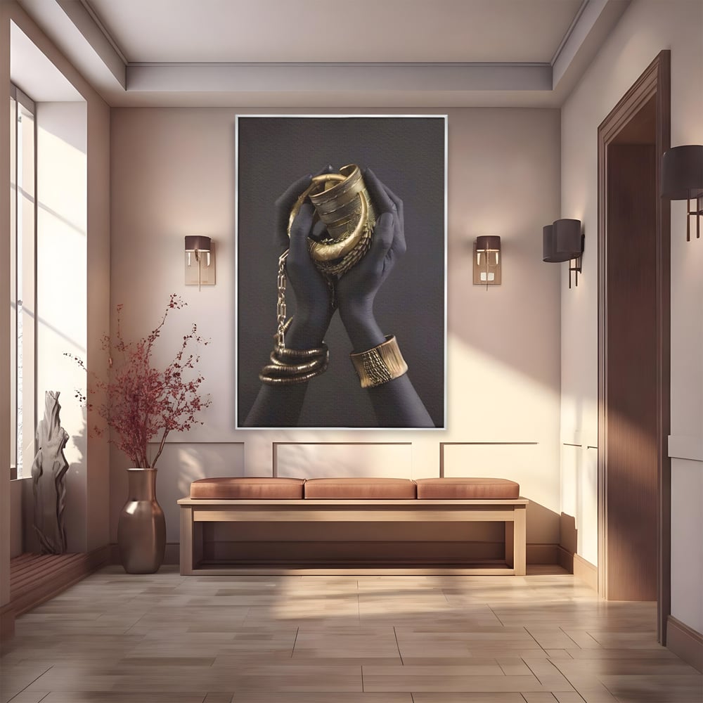 Tablou canvas cu tablou canvas cu maini negre si bijuterii aurii, in rama de aluminiu argintiu