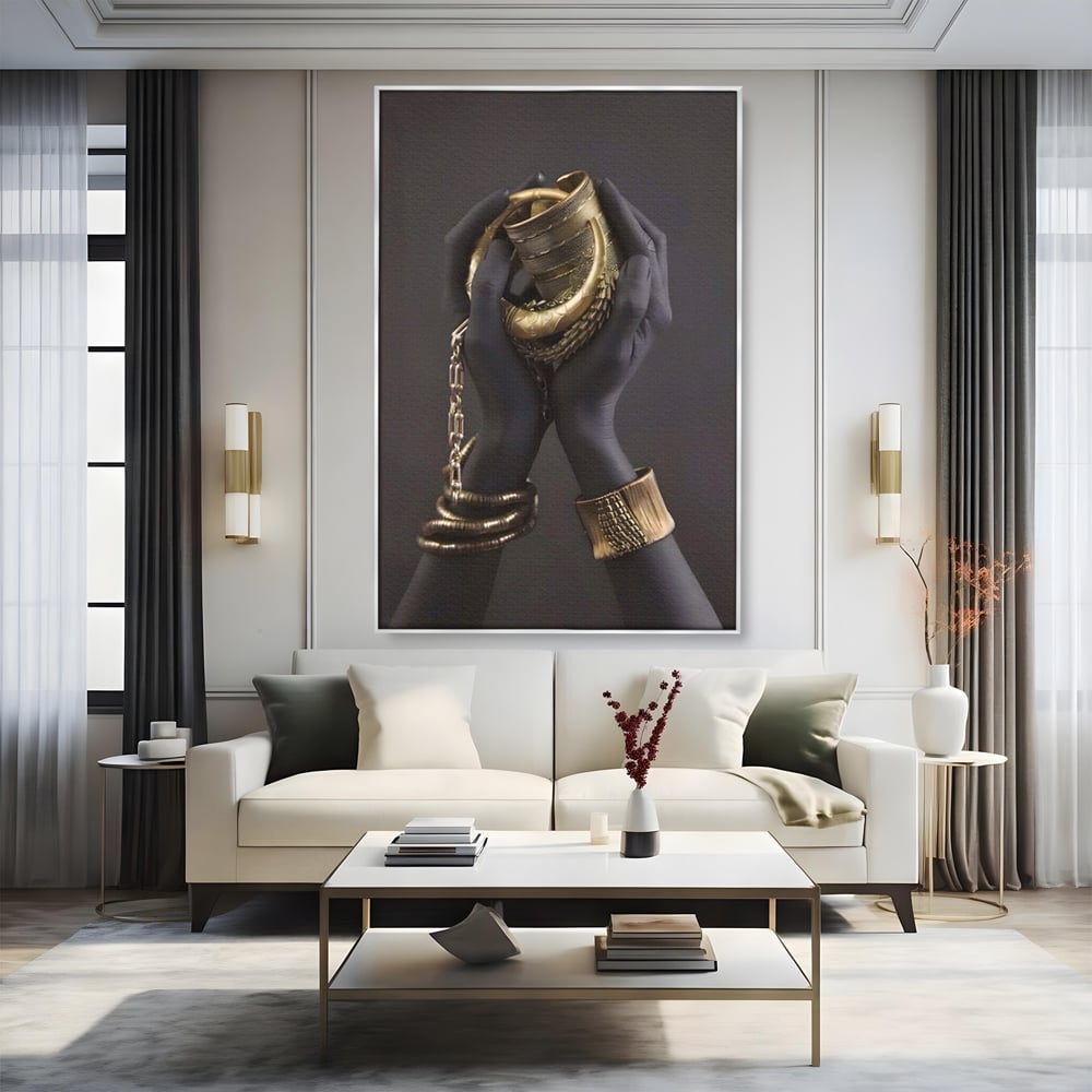 Tablou canvas cu tablou canvas cu maini negre si bijuterii aurii, in rama de aluminiu argintiu, pe perete intr-un living