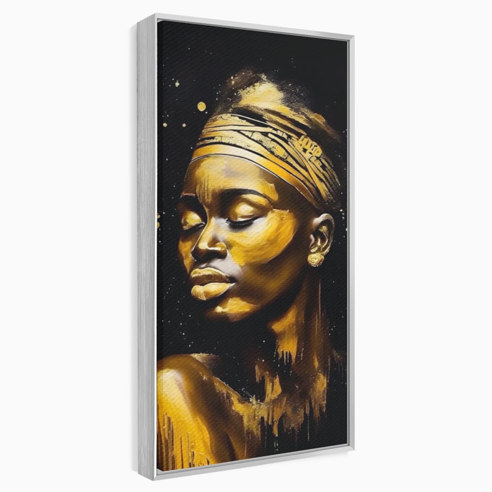 Tablou canvas cu tablou canvas portret femeie auriu, in rama de aluminiu argintiu