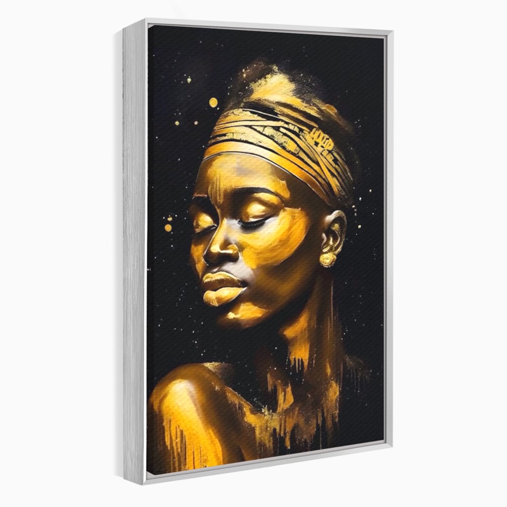 Tablou canvas cu tablou canvas portret femeie auriu, in rama de aluminiu argintiu