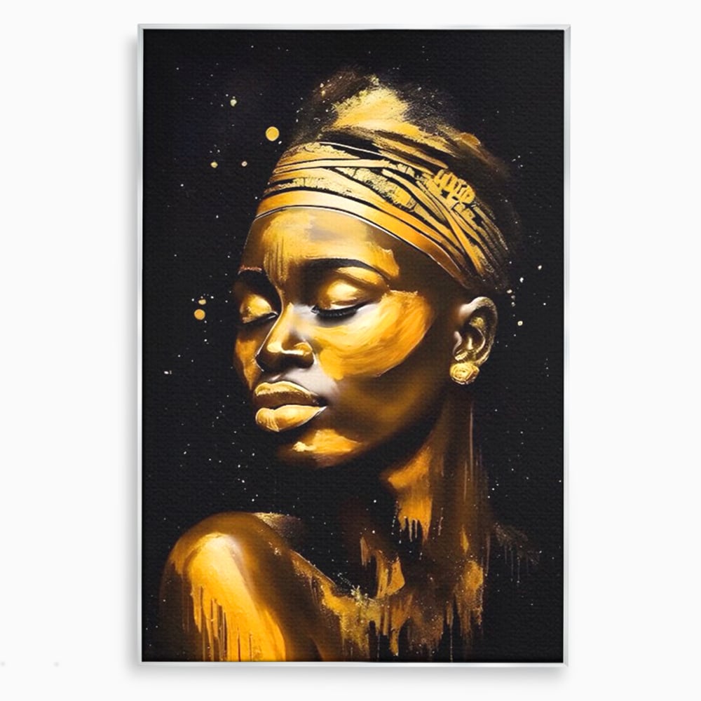 Tablou canvas cu tablou canvas portret femeie auriu, in rama de aluminiu argintiu