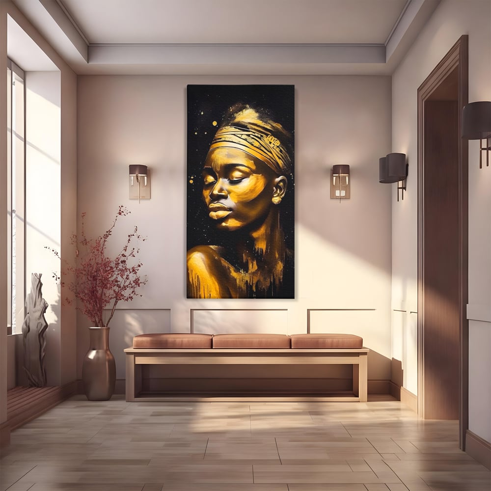 Tablou canvas cu tablou canvas portret femeie auriu, fara rama, pe sasiu de lemn