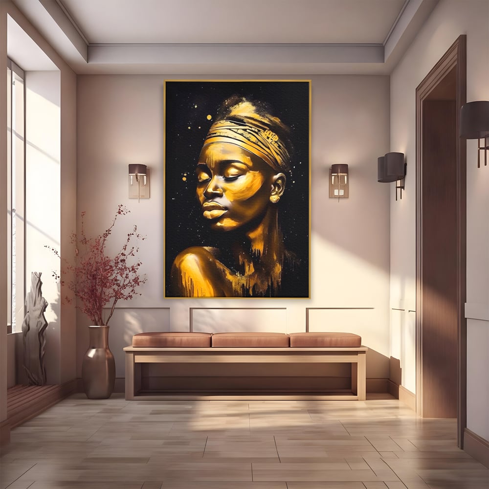Tablou canvas cu tablou canvas portret femeie auriu, in rama de aluminiu auriu