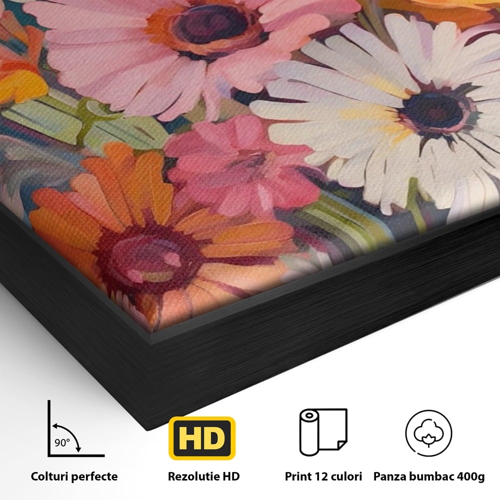 Detaliu al suprafetei: pictura cu buchet de crizanteme colorate, in rama de aluminiu negru
