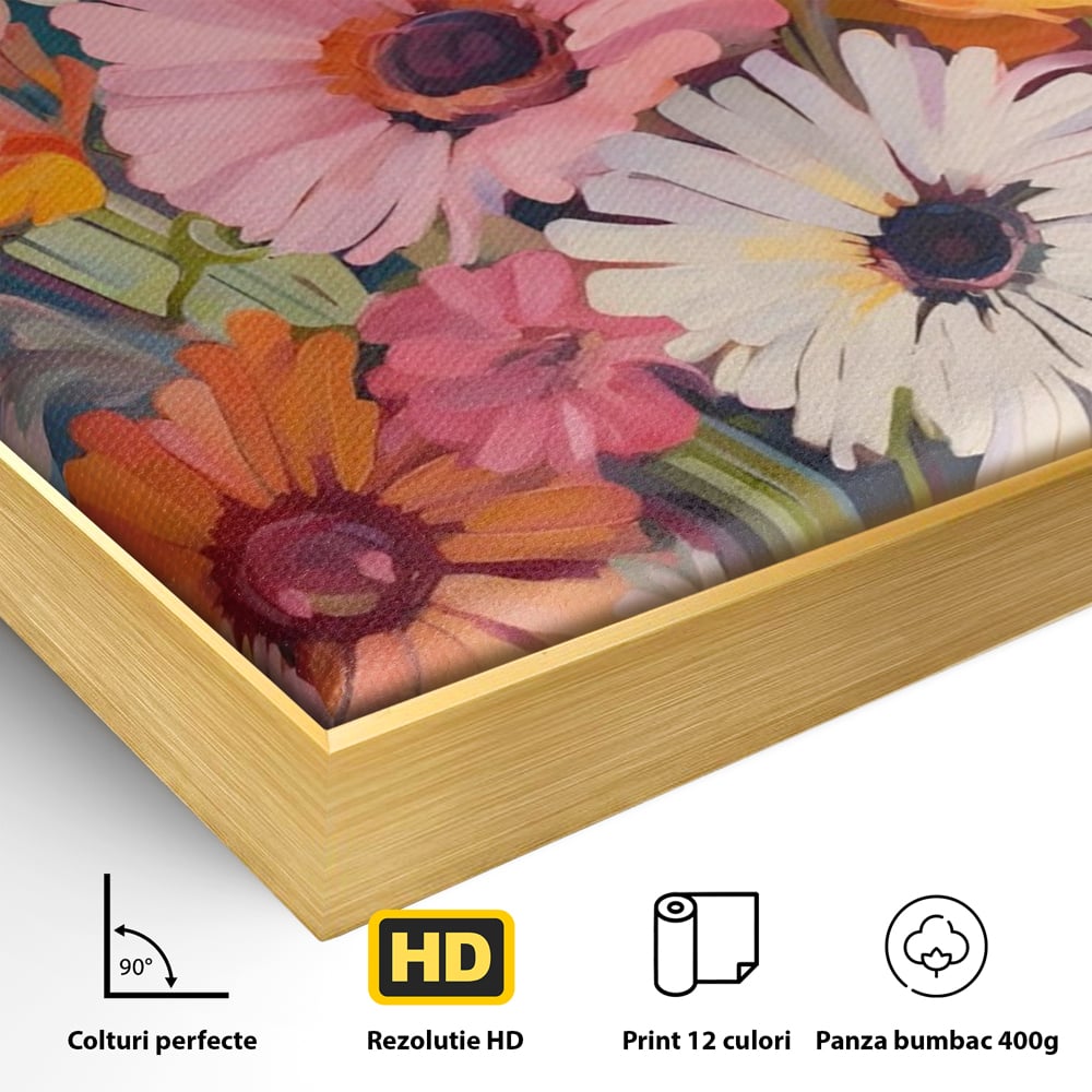 Detaliu al suprafetei: pictura cu buchet de crizanteme colorate, in rama de aluminiu auriu