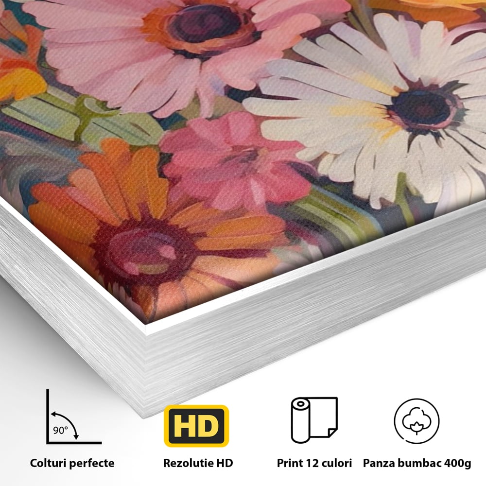 Detaliu al suprafetei: pictura cu buchet de crizanteme colorate, in rama de aluminiu argintiu