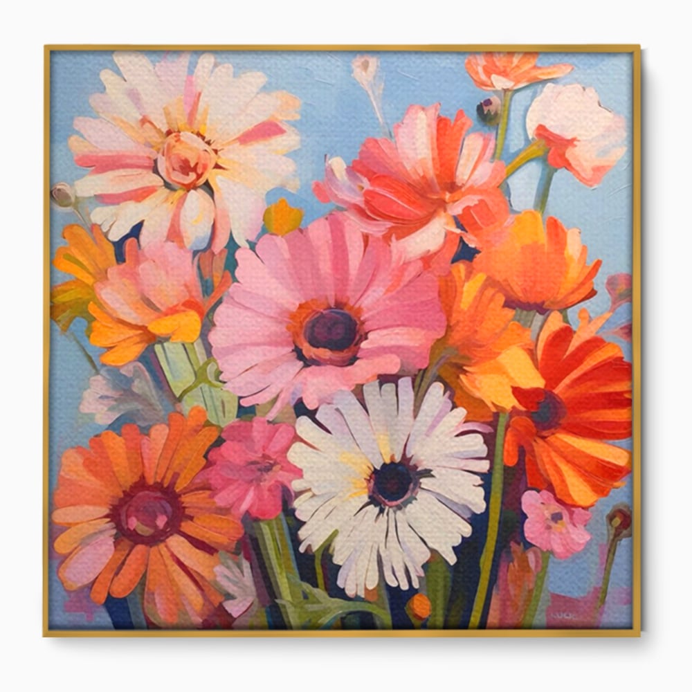 Tablou canvas cu pictura cu buchet de crizanteme colorate, in rama de aluminiu auriu