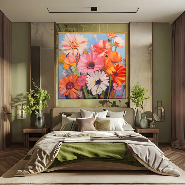 Tablou canvas cu pictura cu buchet de crizanteme colorate, in rama de aluminiu auriu, pe perete intr-un dormitor