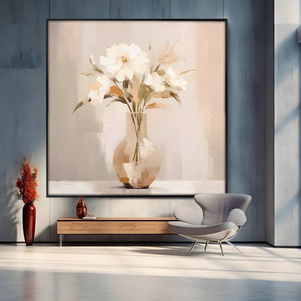 Tablou canvas cu tablou patrat cu vaza si flori albe, in rama de aluminiu negru