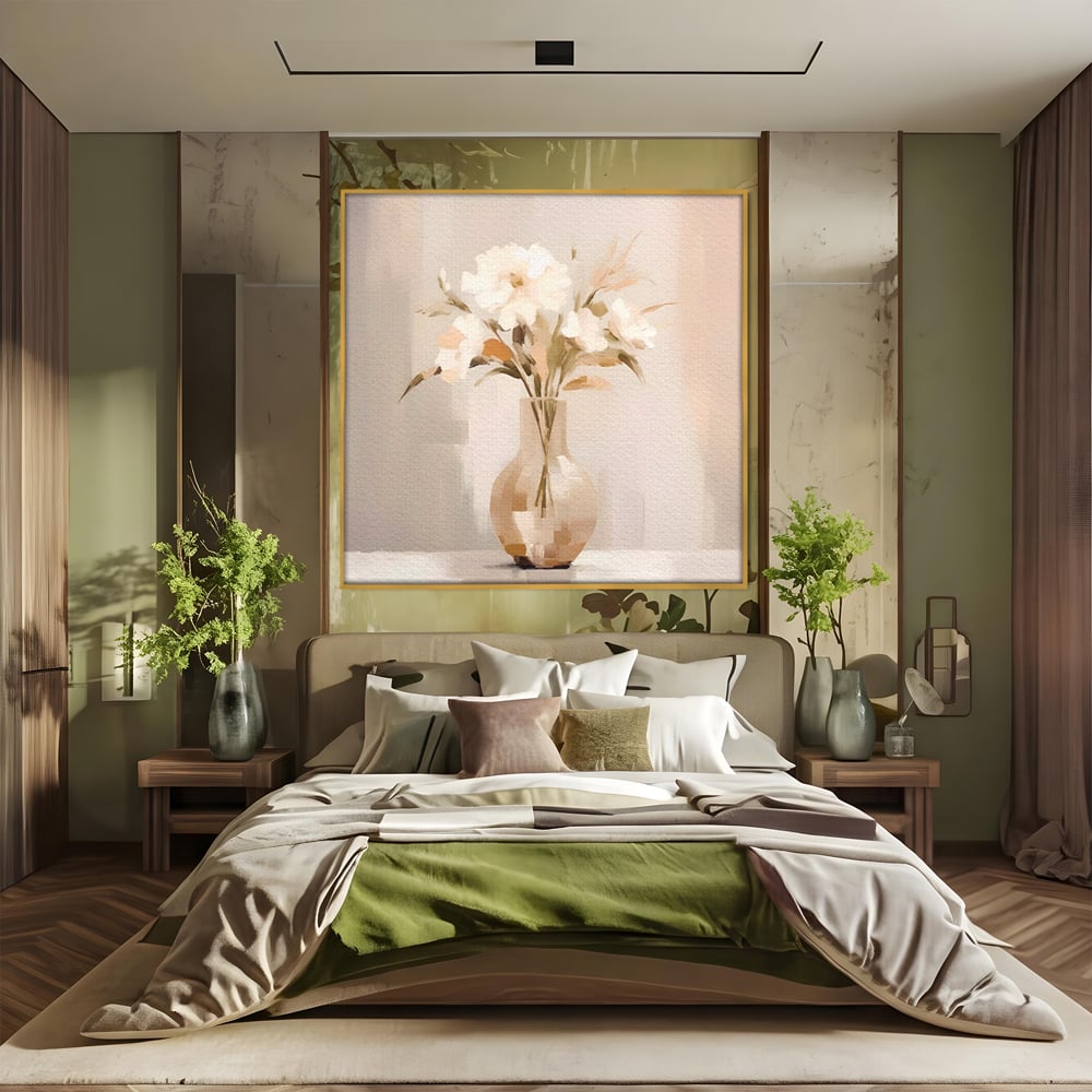 Tablou canvas cu tablou patrat cu vaza si flori albe, in rama de aluminiu auriu, pe perete intr-un dormitor