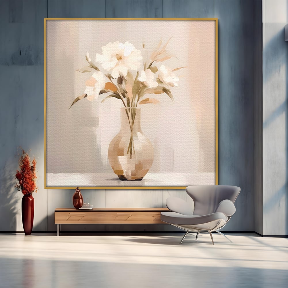 Tablou canvas cu tablou patrat cu vaza si flori albe, in rama de aluminiu auriu