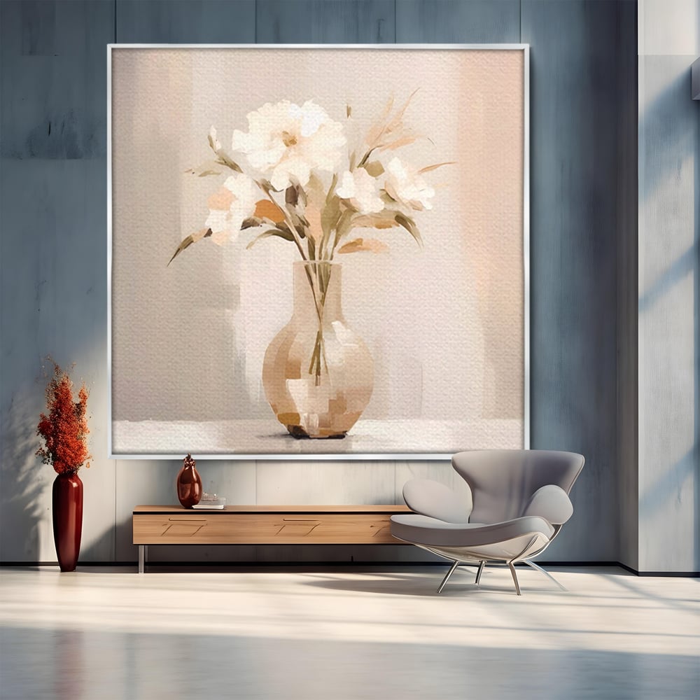 Tablou canvas cu tablou patrat cu vaza si flori albe, in rama de aluminiu argintiu