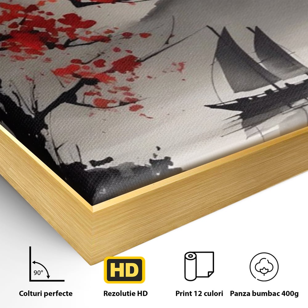 Detaliu al suprafetei: tablou canvas cu barca si copac rosu, in rama de aluminiu auriu
