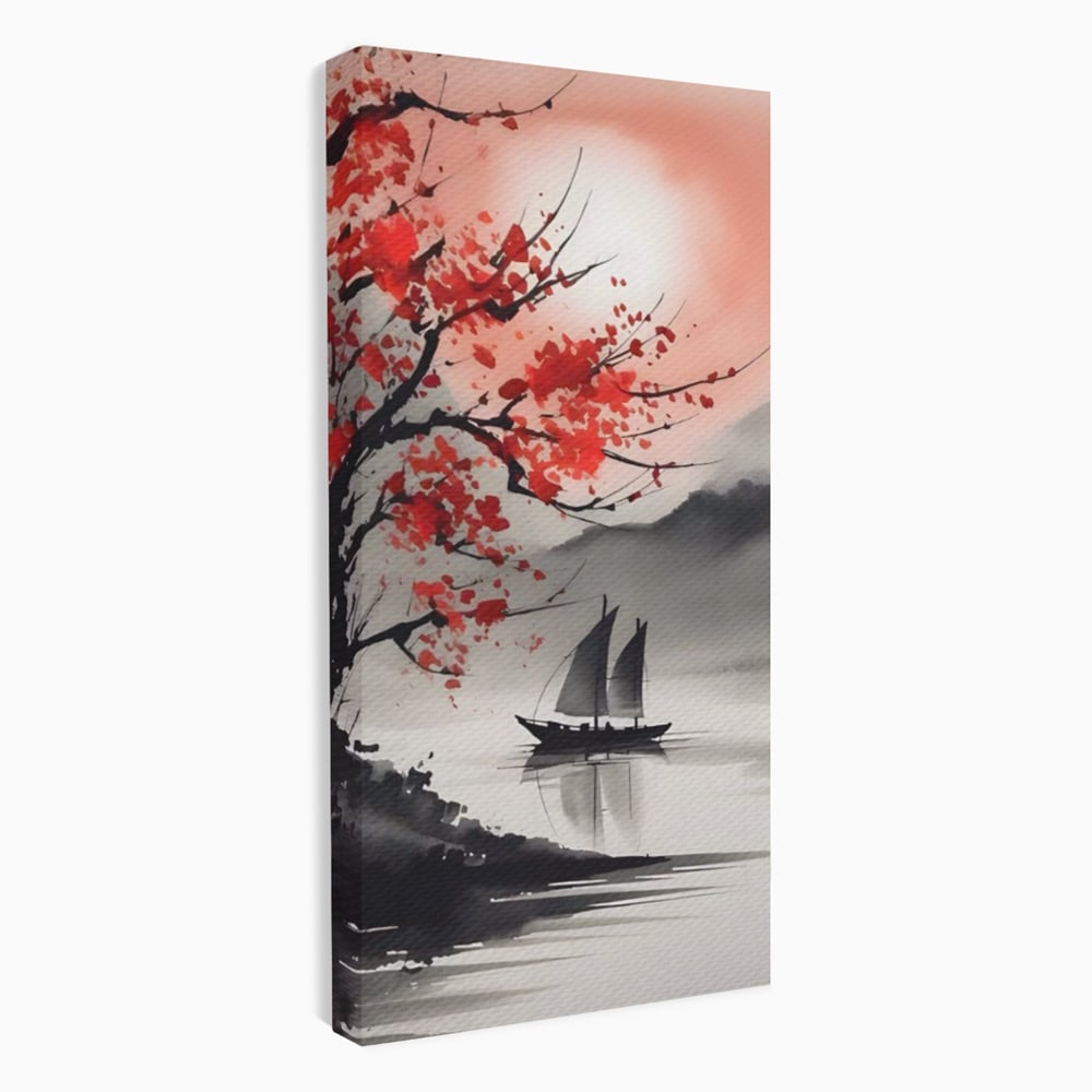 Tablou canvas cu tablou canvas cu barca si copac rosu, fara rama, pe sasiu de lemn