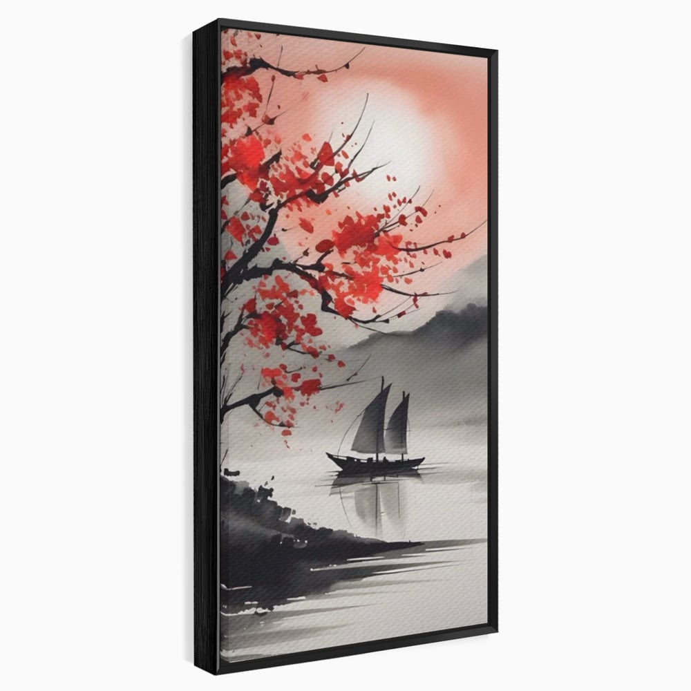 Tablou canvas cu tablou canvas cu barca si copac rosu, in rama de aluminiu negru