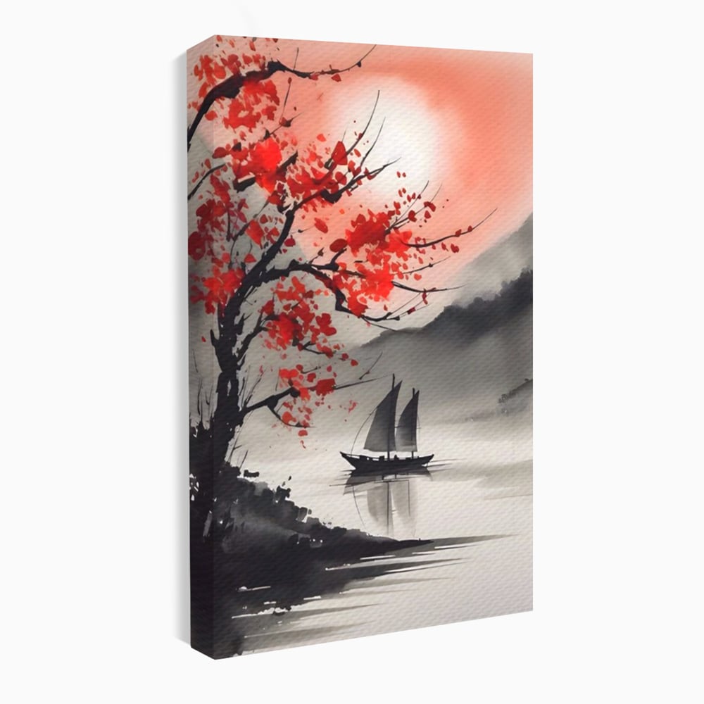 Tablou canvas cu tablou canvas cu barca si copac rosu, fara rama, pe sasiu de lemn