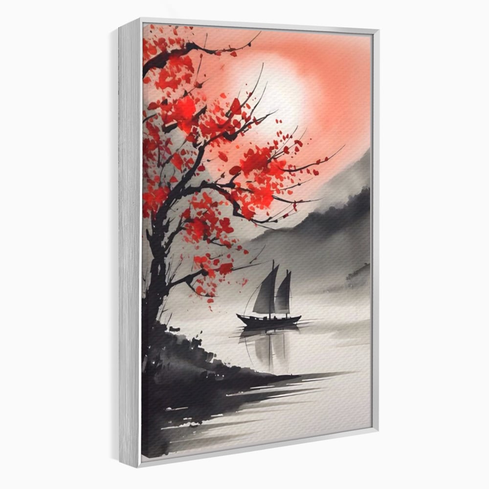 Tablou canvas cu tablou canvas cu barca si copac rosu, in rama de aluminiu argintiu