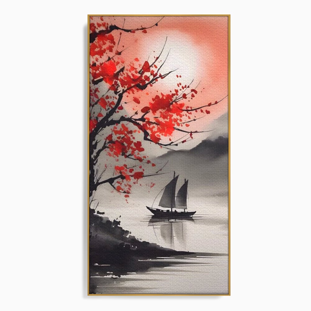 Tablou canvas cu tablou canvas cu barca si copac rosu, in rama de aluminiu auriu