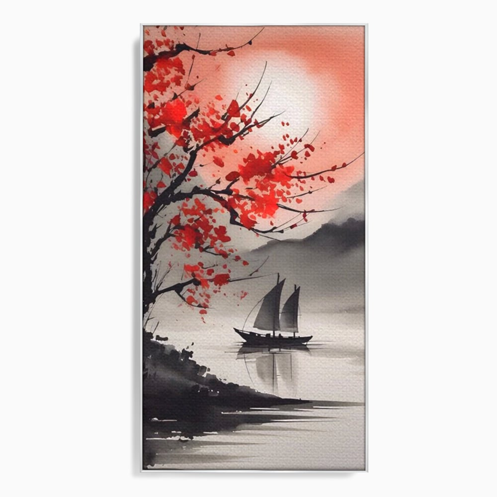 Tablou canvas cu tablou canvas cu barca si copac rosu, in rama de aluminiu argintiu