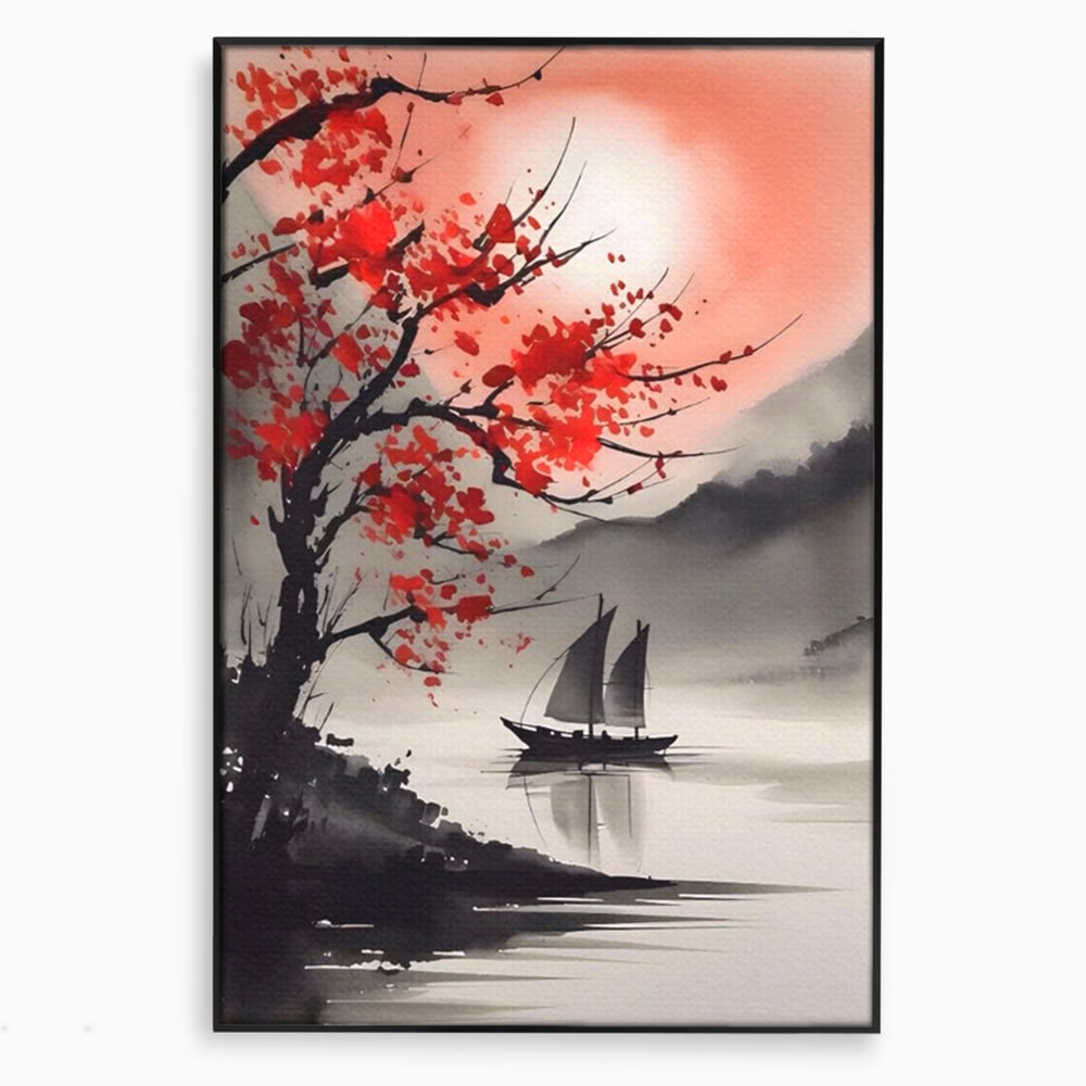 Tablou canvas cu tablou canvas cu barca si copac rosu, in rama de aluminiu negru