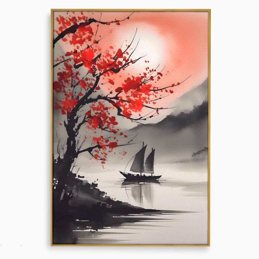 Tablou canvas cu tablou canvas cu barca si copac rosu, in rama de aluminiu auriu