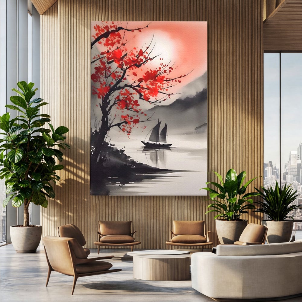 Tablou canvas cu tablou canvas cu barca si copac rosu, fara rama, pe sasiu de lemn, pe perete intr-un birou