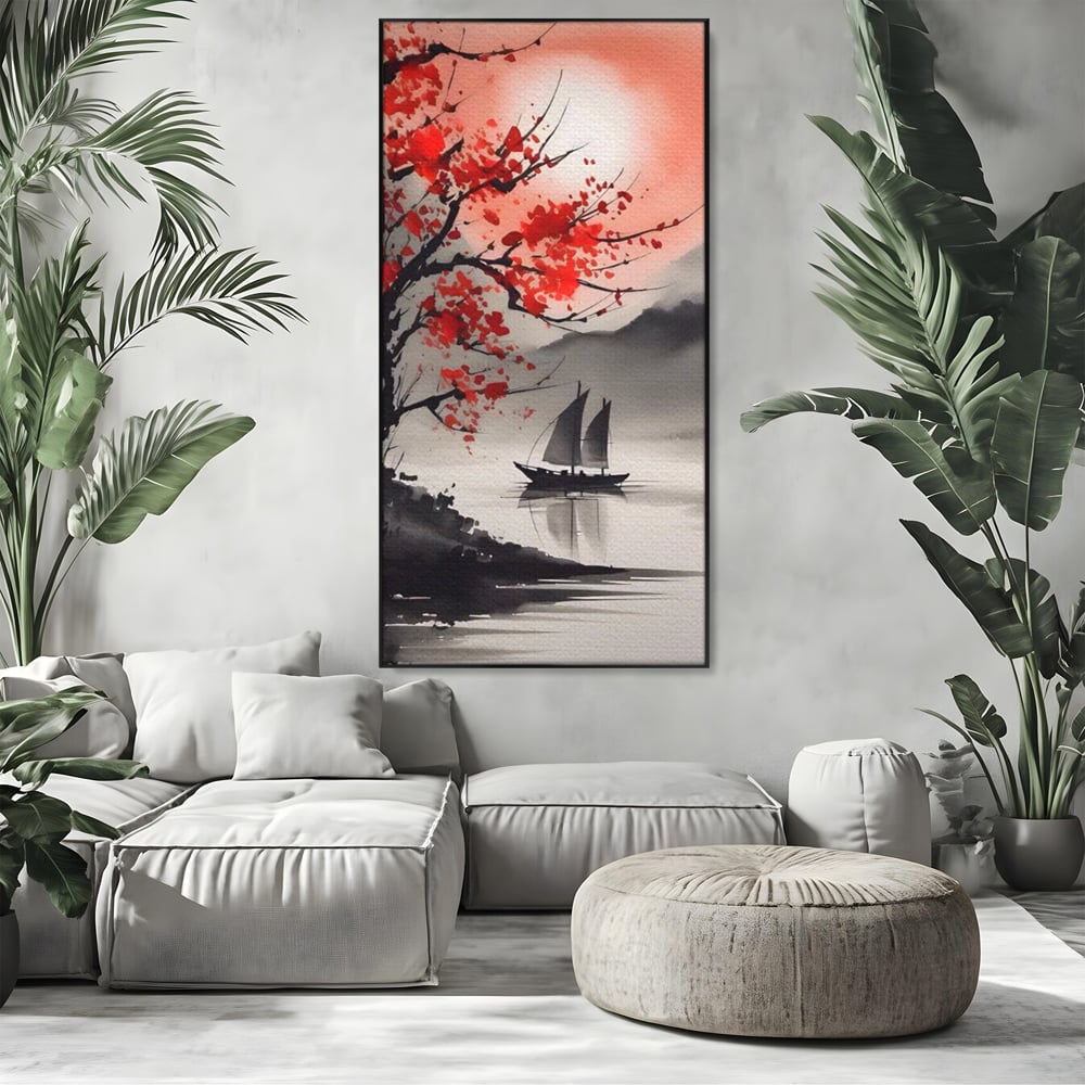 Tablou canvas cu tablou canvas cu barca si copac rosu, in rama de aluminiu negru, pe perete intr-un living