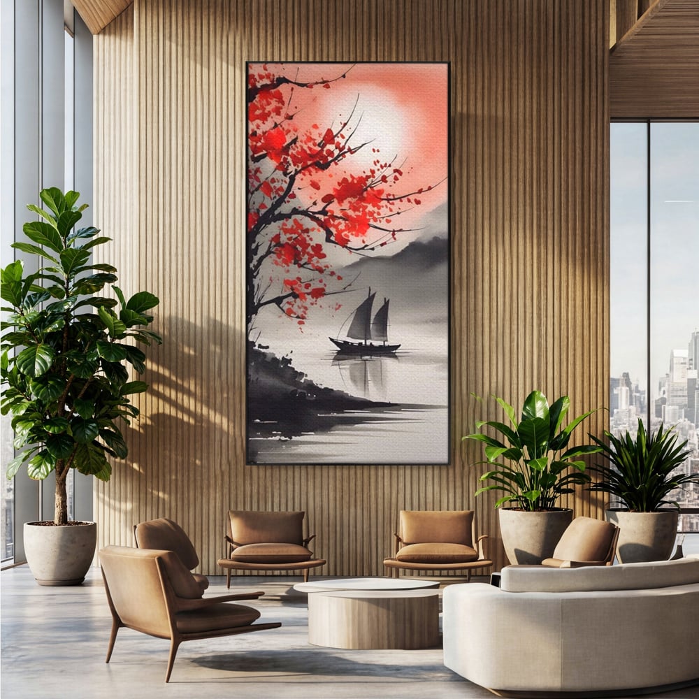 Tablou canvas cu tablou canvas cu barca si copac rosu, in rama de aluminiu negru, pe perete intr-un birou