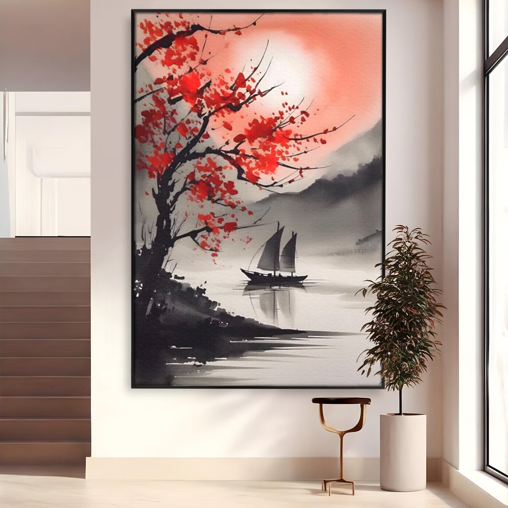 Tablou canvas cu tablou canvas cu barca si copac rosu, in rama de aluminiu negru