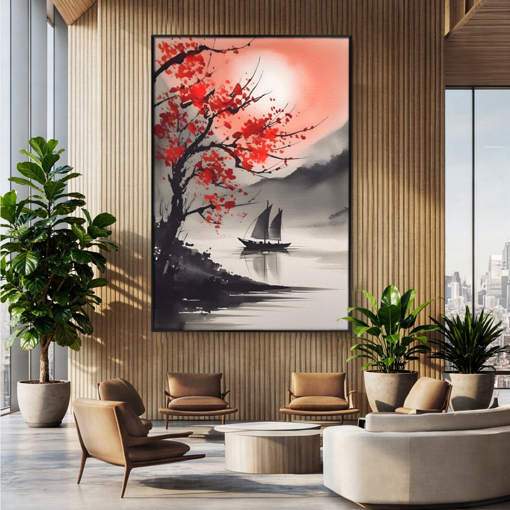 Tablou canvas cu tablou canvas cu barca si copac rosu, in rama de aluminiu negru, pe perete intr-un birou
