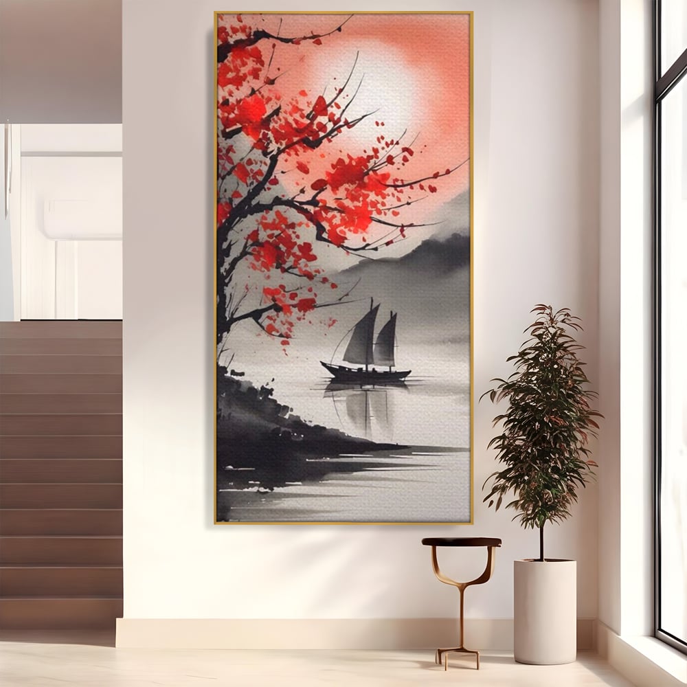 Tablou canvas cu tablou canvas cu barca si copac rosu, in rama de aluminiu auriu