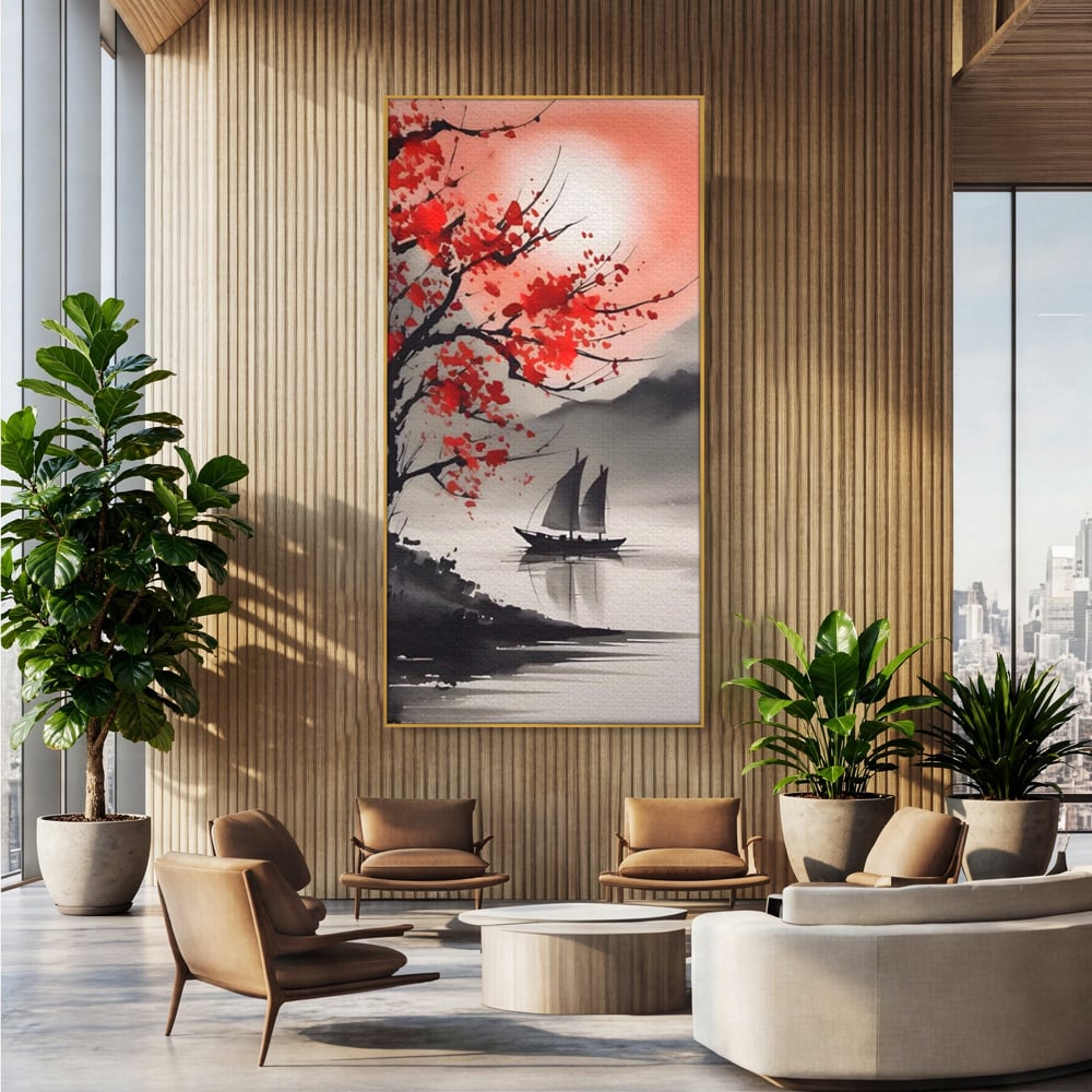 Tablou canvas cu tablou canvas cu barca si copac rosu, in rama de aluminiu auriu, pe perete intr-un birou