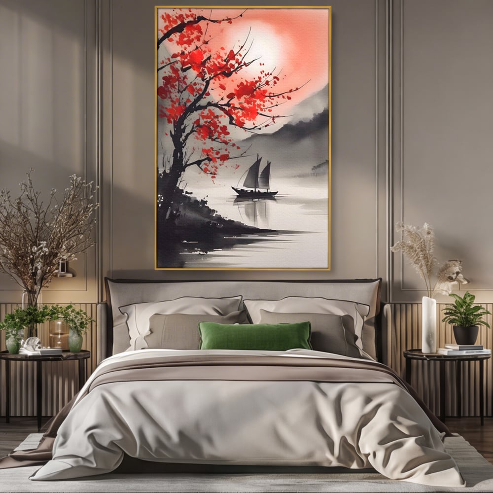 Tablou canvas cu tablou canvas cu barca si copac rosu, in rama de aluminiu auriu, pe perete intr-un dormitor