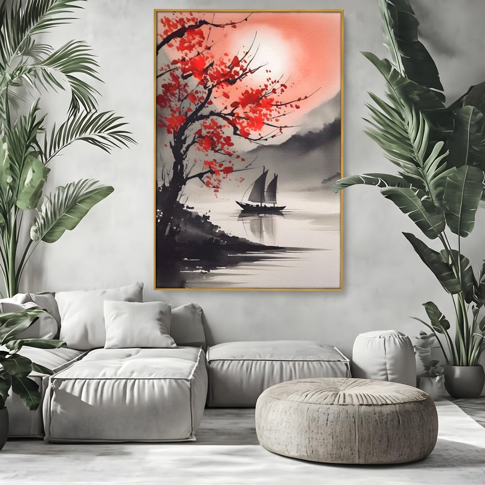 Tablou canvas cu tablou canvas cu barca si copac rosu, in rama de aluminiu auriu, pe perete intr-un living