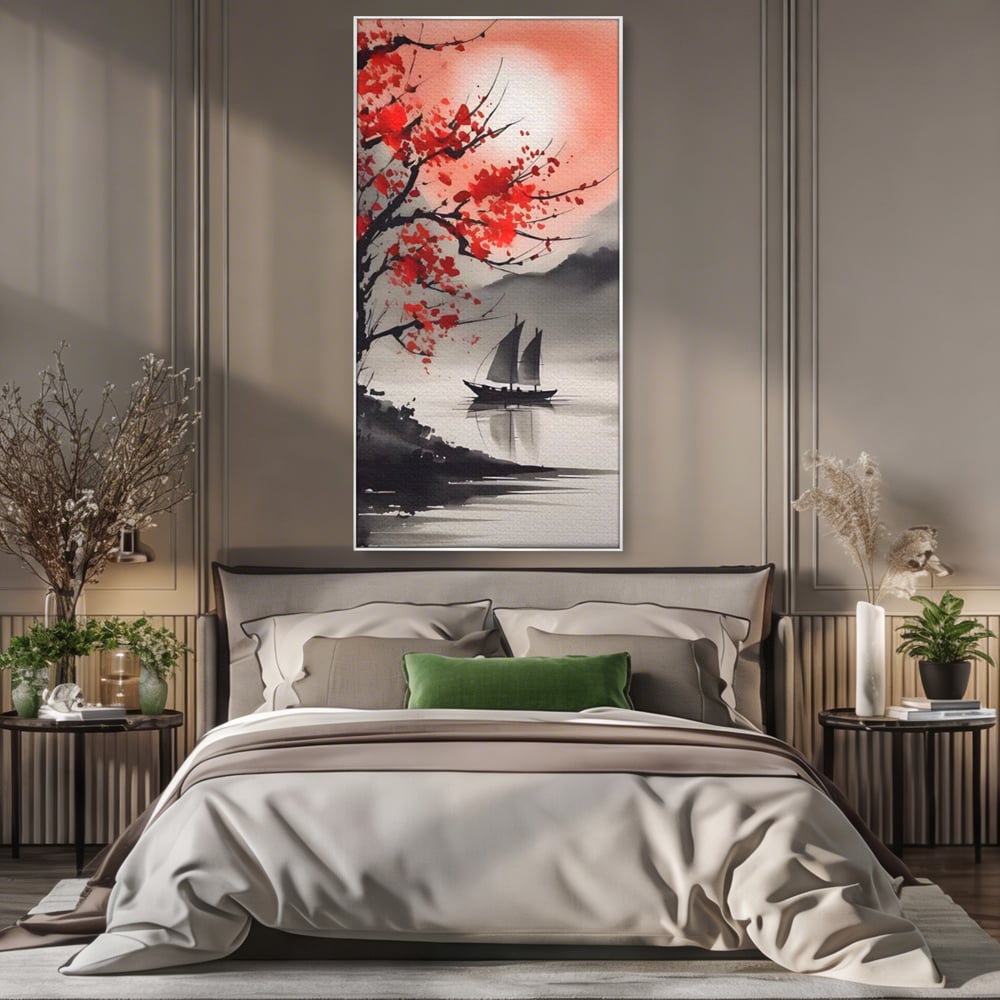 Tablou canvas cu tablou canvas cu barca si copac rosu, in rama de aluminiu argintiu, pe perete intr-un dormitor