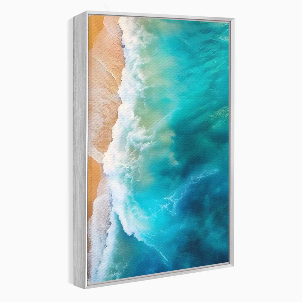 Tablou canvas cu fotografie aeriana cu valuri pe plaja, in rama de aluminiu argintiu
