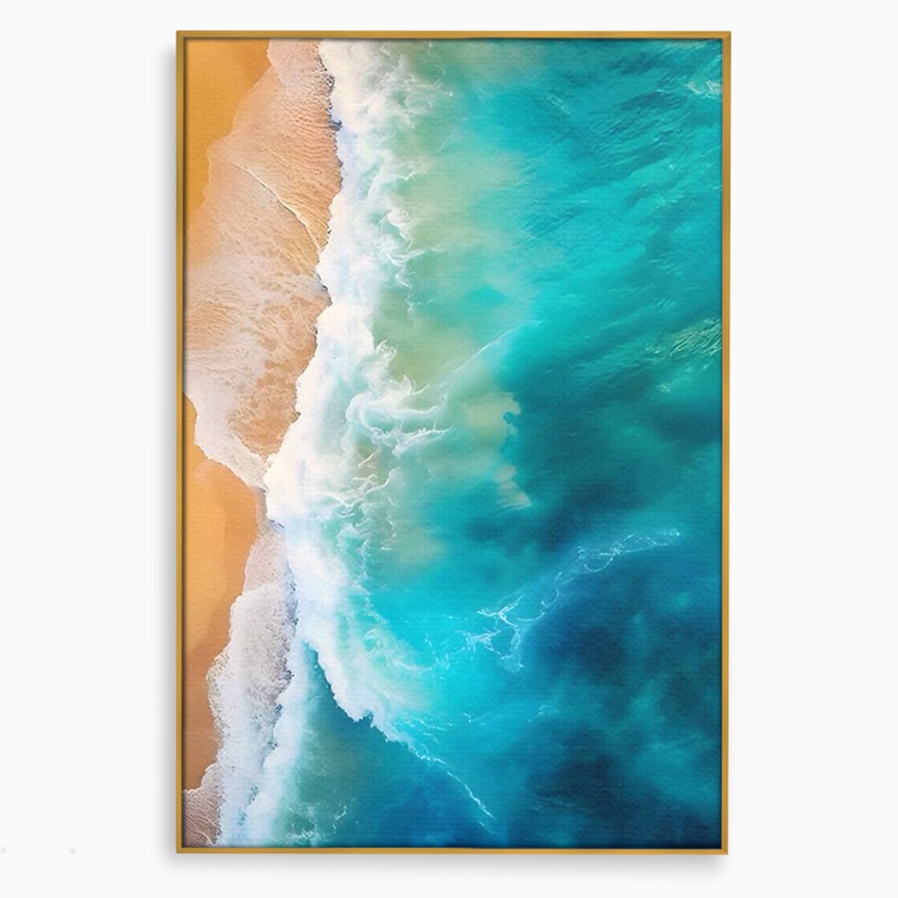 Tablou canvas cu fotografie aeriana cu valuri pe plaja, in rama de aluminiu auriu
