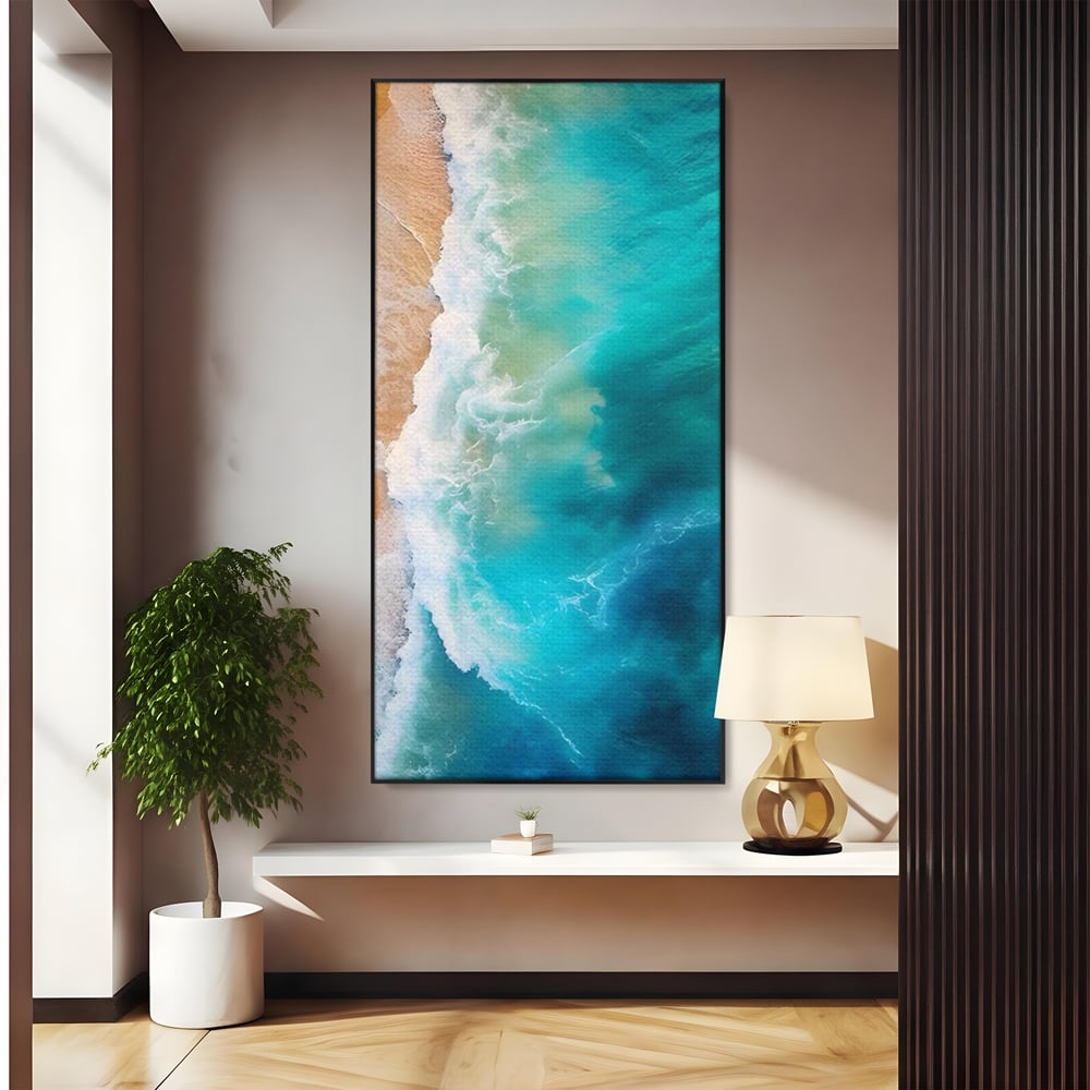 Tablou canvas cu fotografie aeriana cu valuri pe plaja, in rama de aluminiu negru