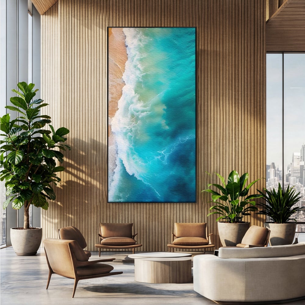 Tablou canvas cu fotografie aeriana cu valuri pe plaja, in rama de aluminiu negru, pe perete intr-un birou