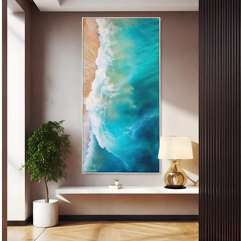 Tablou canvas cu fotografie aeriana cu valuri pe plaja, in rama de aluminiu argintiu