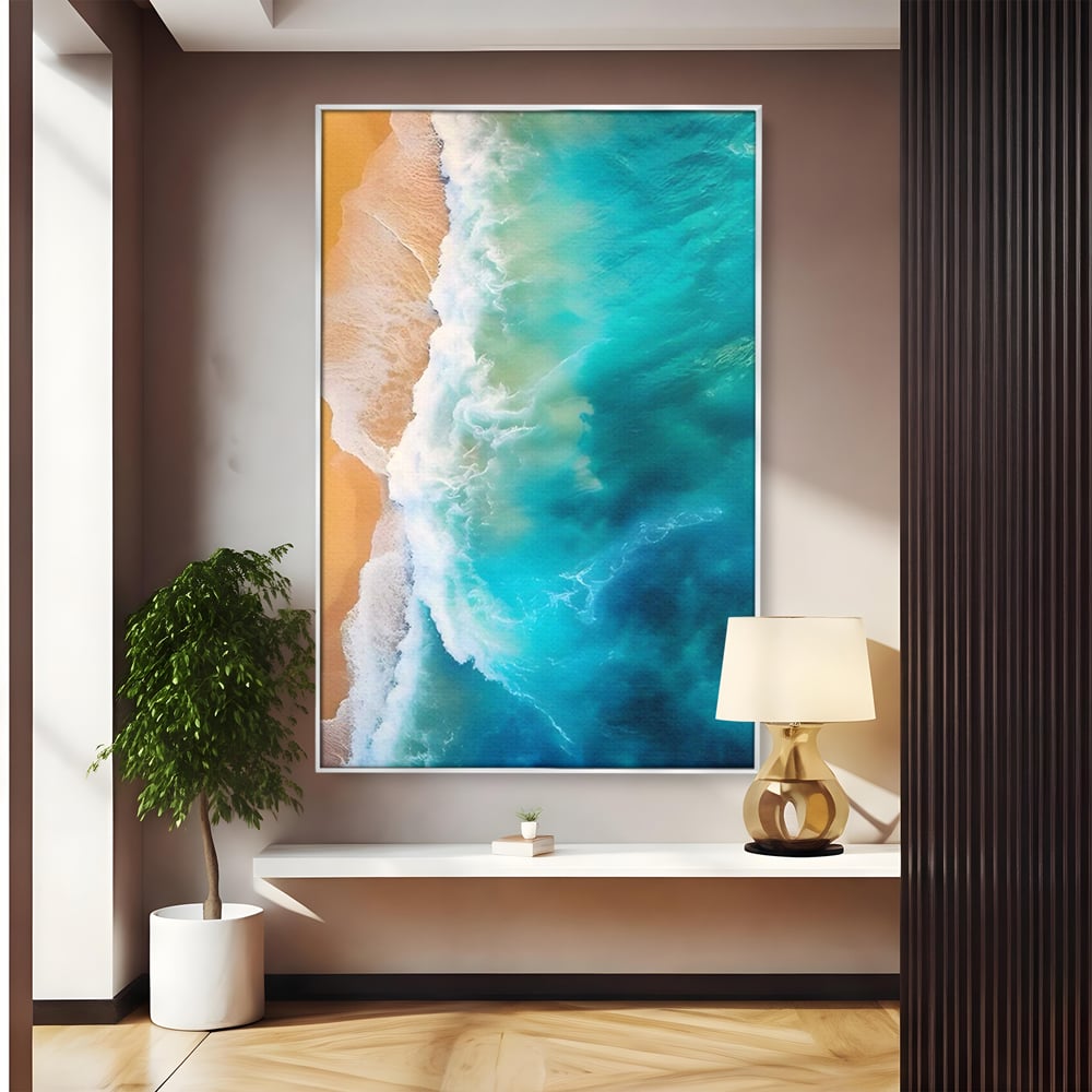 Tablou canvas cu fotografie aeriana cu valuri pe plaja, in rama de aluminiu argintiu