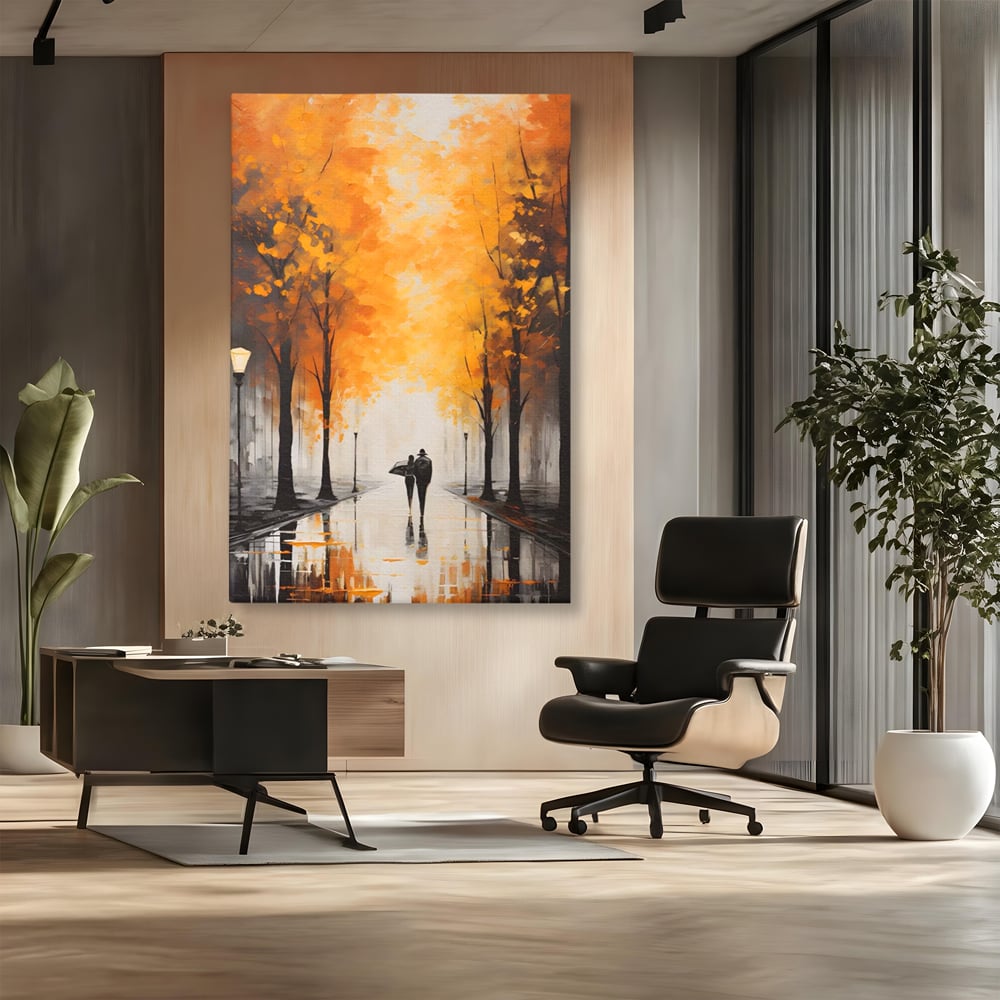 Tablou canvas cu tablou canvas cuplu sub umbrela, fara rama, pe sasiu de lemn, pe perete intr-un birou
