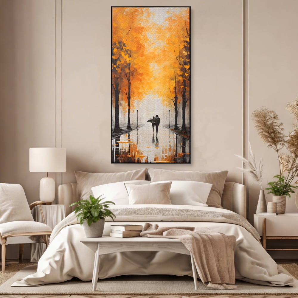 Tablou canvas cu tablou canvas cuplu sub umbrela, in rama de aluminiu negru, pe perete intr-un dormitor