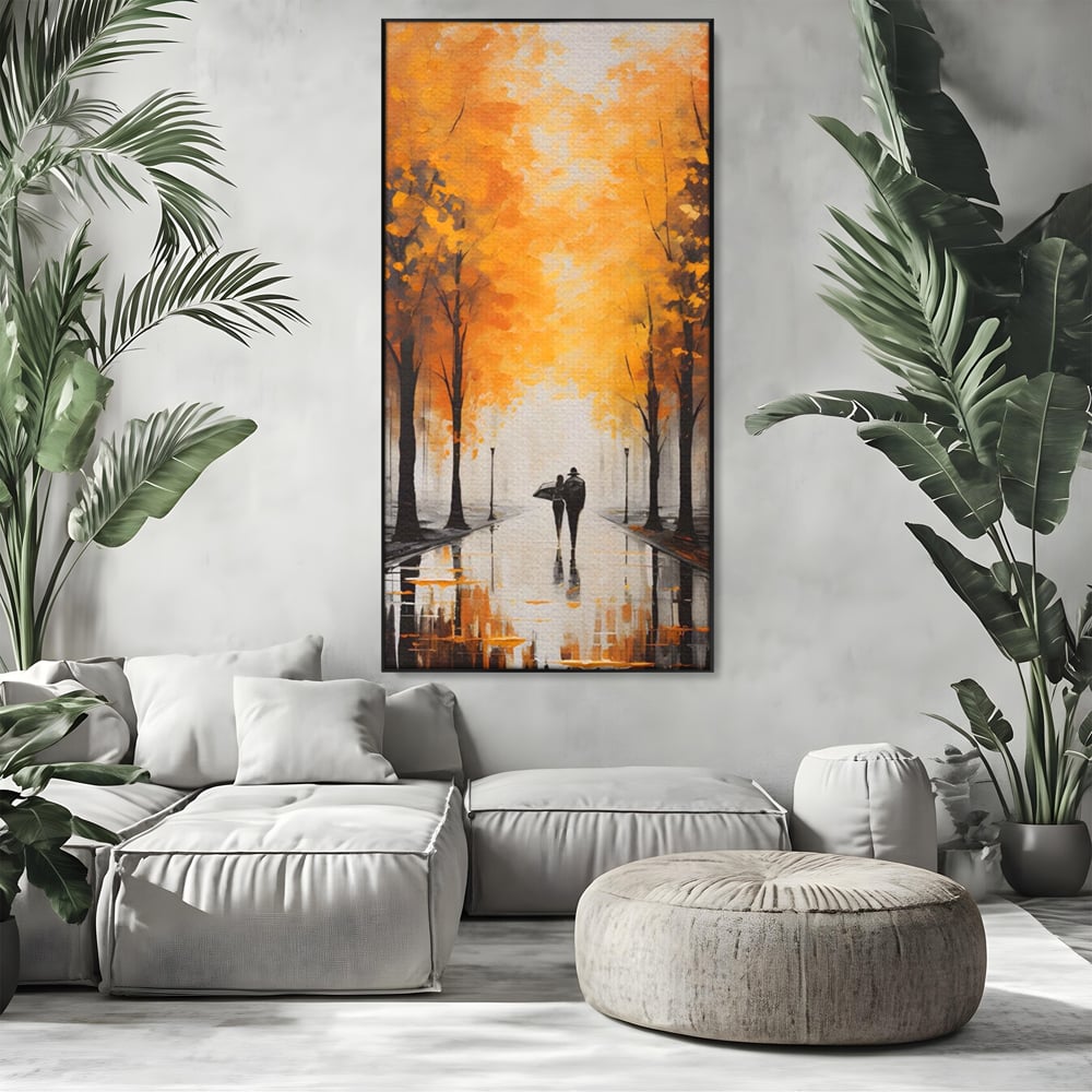 Tablou canvas cu tablou canvas cuplu sub umbrela, in rama de aluminiu negru, pe perete intr-un living