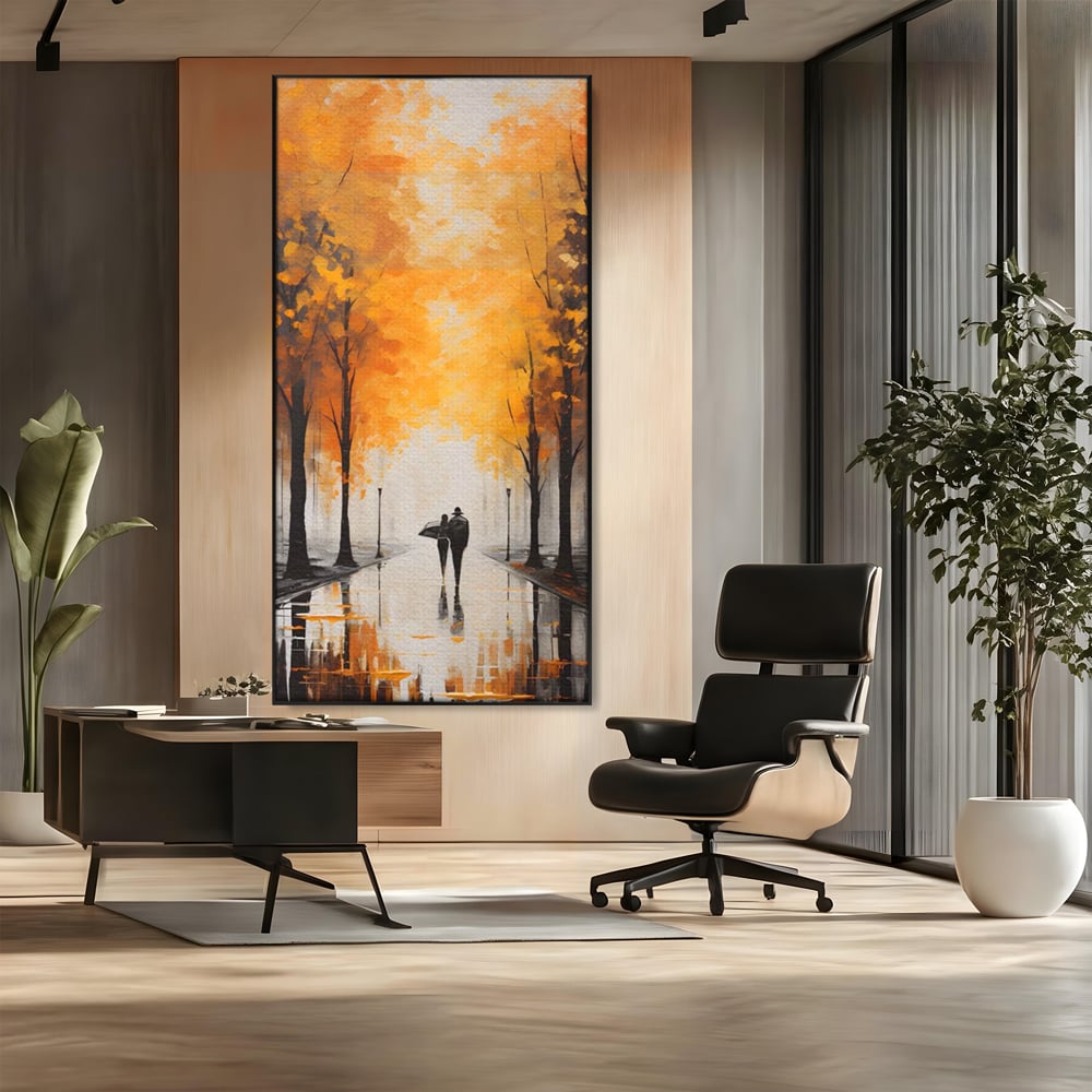 Tablou canvas cu tablou canvas cuplu sub umbrela, in rama de aluminiu negru, pe perete intr-un birou