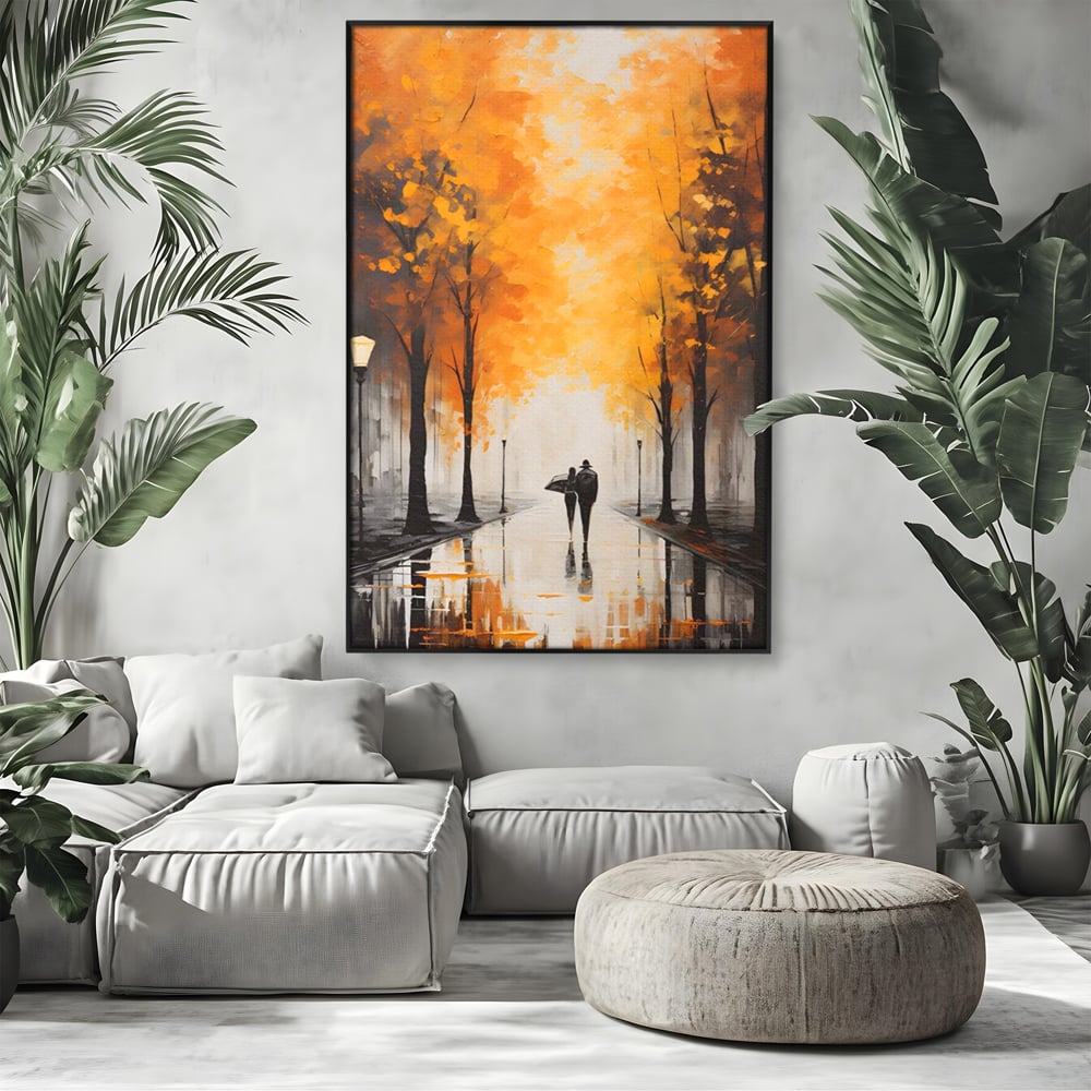 Tablou canvas cu tablou canvas cuplu sub umbrela, in rama de aluminiu negru, pe perete intr-un living