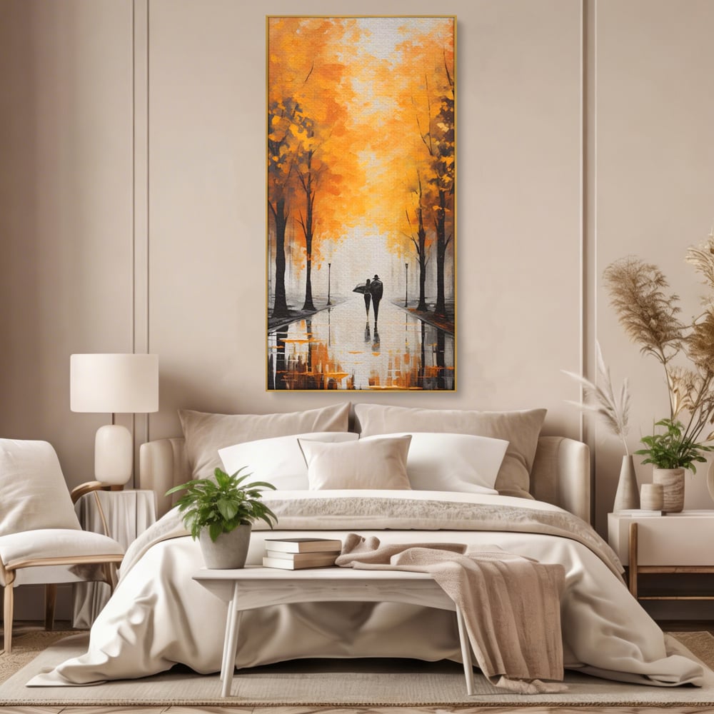 Tablou canvas cu tablou canvas cuplu sub umbrela, in rama de aluminiu auriu, pe perete intr-un dormitor