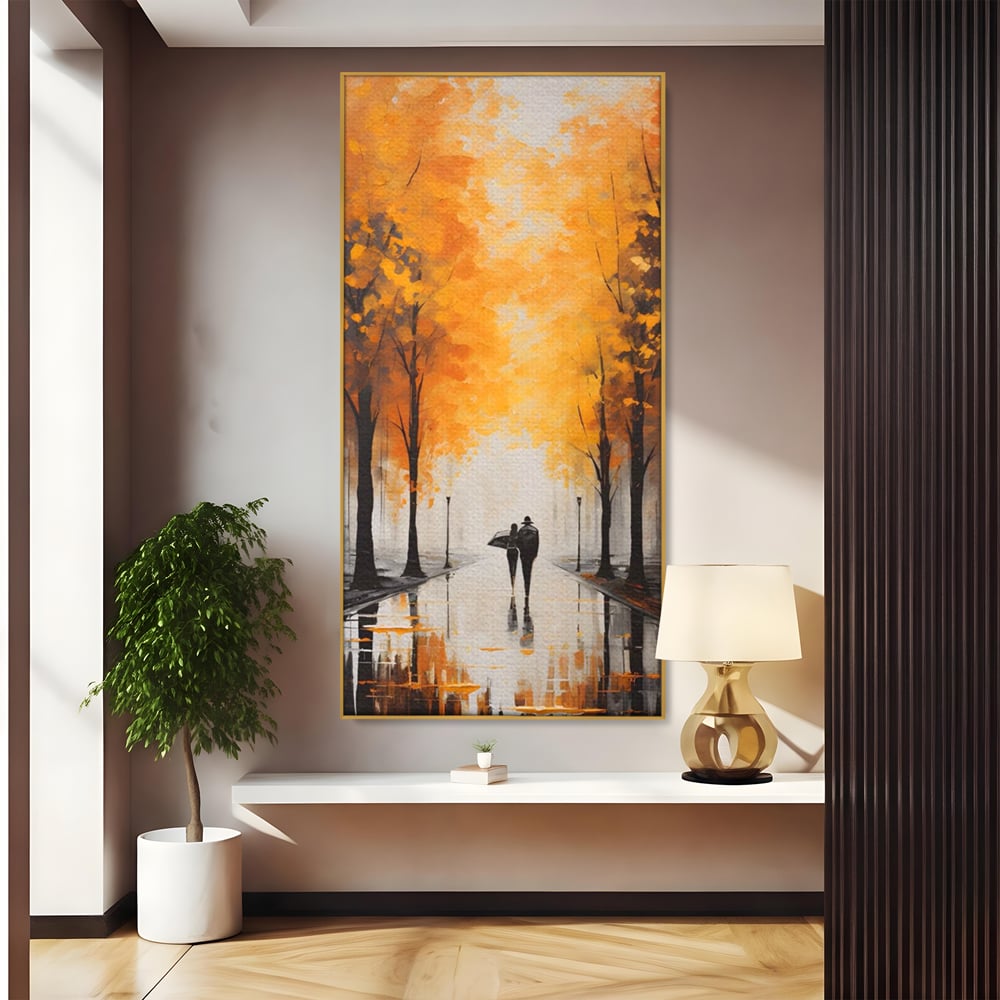 Tablou canvas cu tablou canvas cuplu sub umbrela, in rama de aluminiu auriu