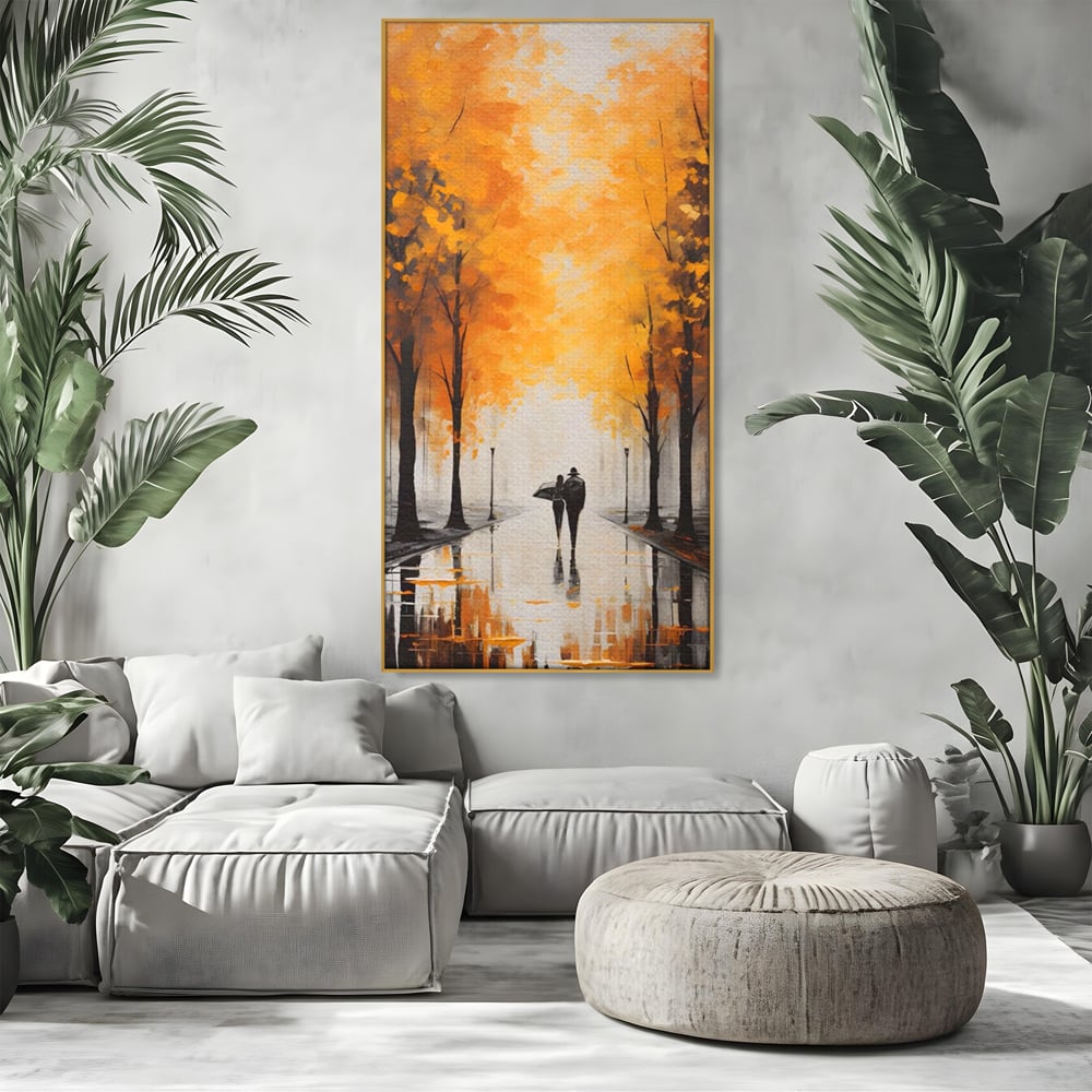 Tablou canvas cu tablou canvas cuplu sub umbrela, in rama de aluminiu auriu, pe perete intr-un living