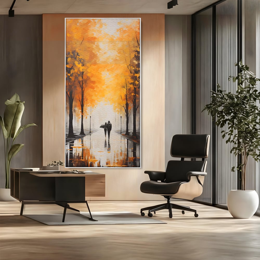 Tablou canvas cu tablou canvas cuplu sub umbrela, in rama de aluminiu argintiu, pe perete intr-un birou